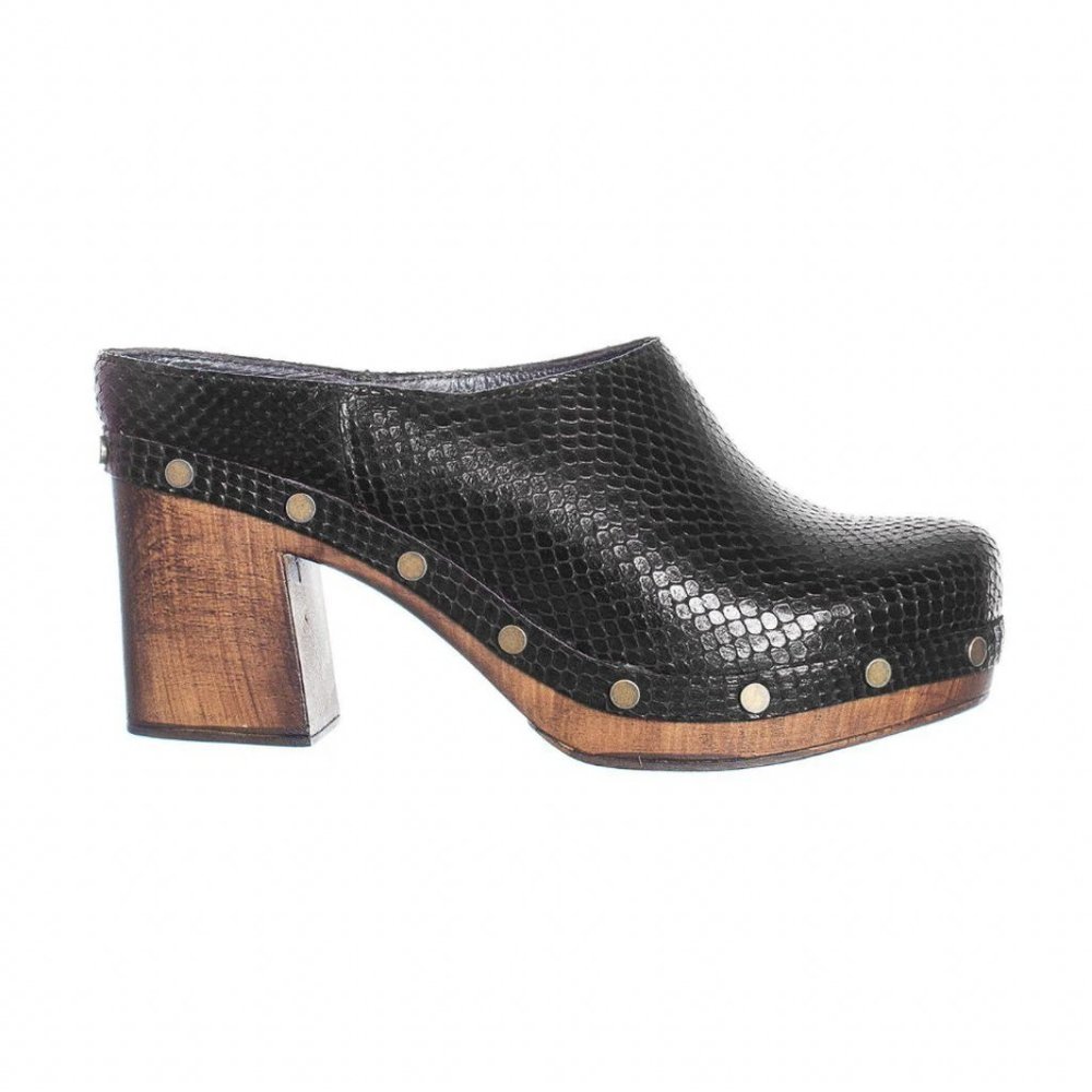 Embossed black leather clogs, never worn